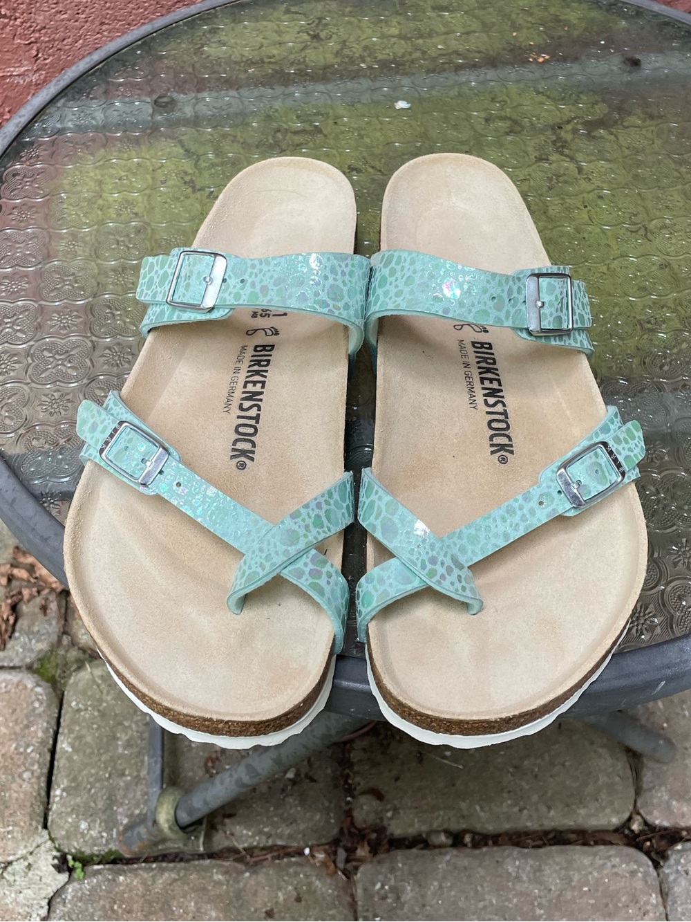 New Birkenstock Mayari Metallic Stone Aqua Sandals Size 41